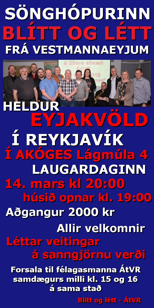 Eyjakvöld með Blítt og létt 14. mars 2020